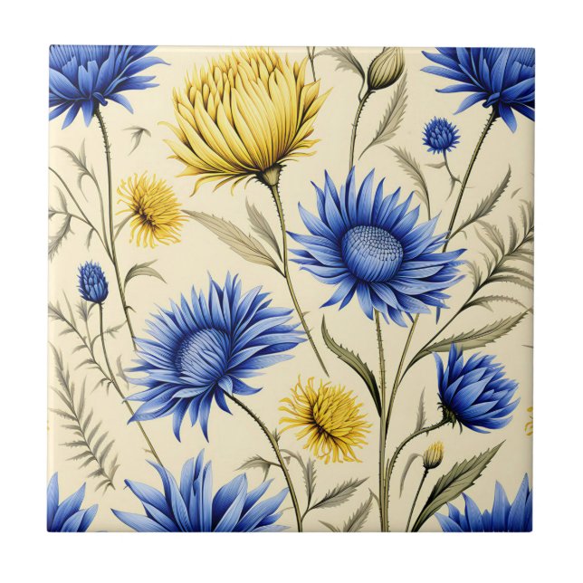 Elegant Blue and Yellow Floral Ceramic Tile (Front)