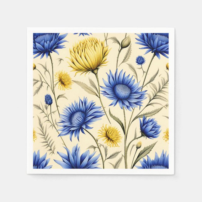Elegant Blue and Yellow Floral Napkins (Front)