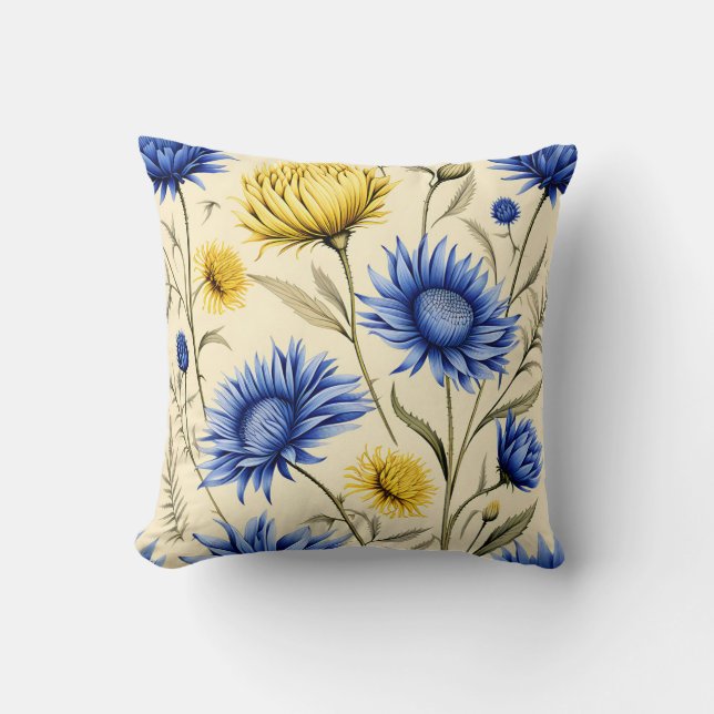 Elegant Blue and Yellow Floral Throw Pillow (Front)