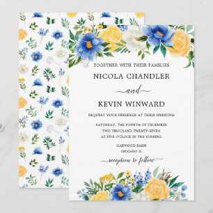 Elegant Blue and Yellow Floral Wedding Invitation