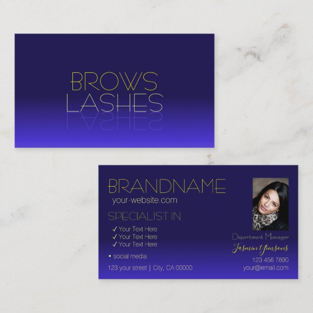 Elegant Blue and Yellow Mirror Letters with Photo Business Card (Front/Back)