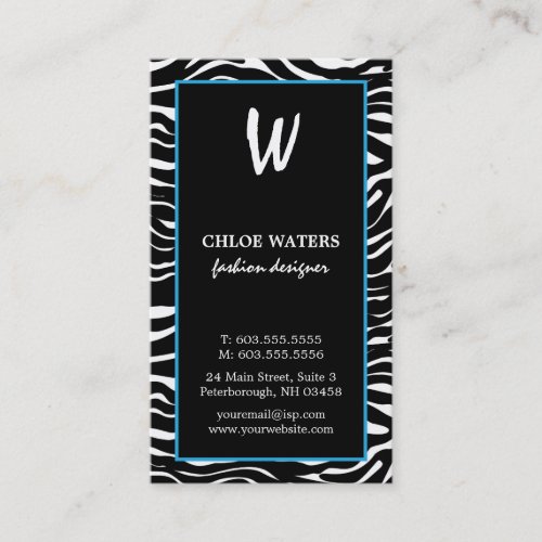 Elegant Blue and Zebra Monogram Business Cards