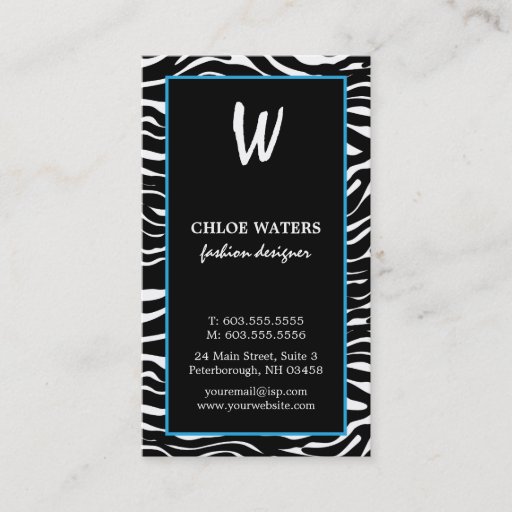 Customizable Elegant Blue and Zebra Monogram Business Cards