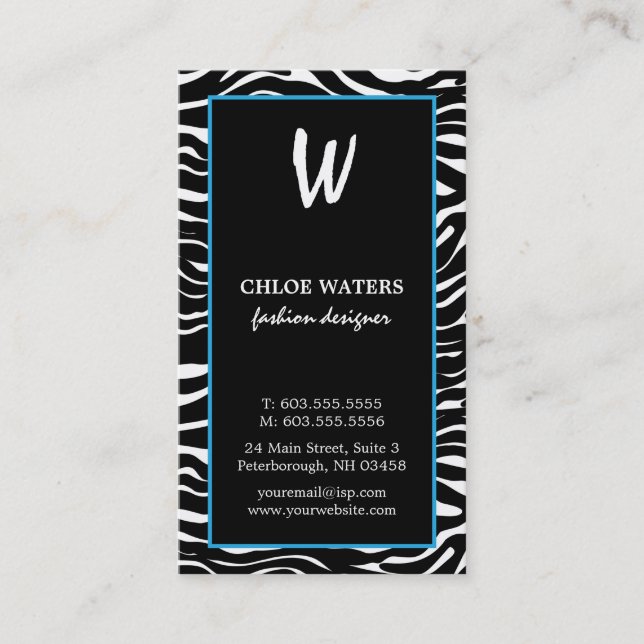 Elegant Blue and Zebra Monogram Business Cards (Front)