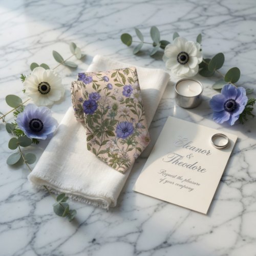 Elegant Blue Anemone Floral Neck Tie