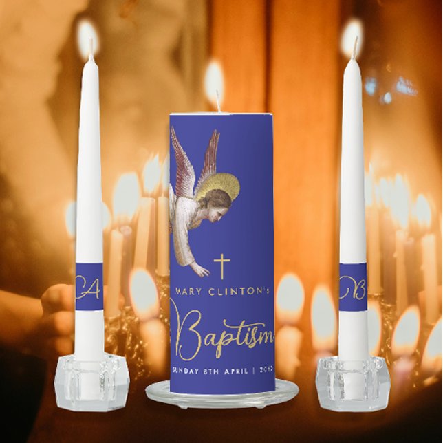 Elegant Blue Angel Baptism Gold Chic Calligraphy Unity Candle Set (Creator Uploaded)
