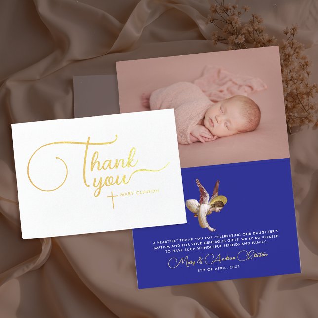 Elegant Blue Angel Bless Baptism Gratitude Typo  Foil Card (Creator Uploaded)