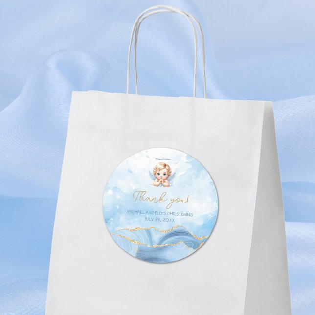 Elegant Blue Angel Boy Baptism Christening Classic Round Sticker (Creator Uploaded)