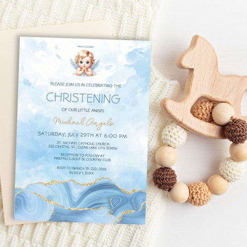 Elegant Blue Angel Boy Baptism Christening Invitation