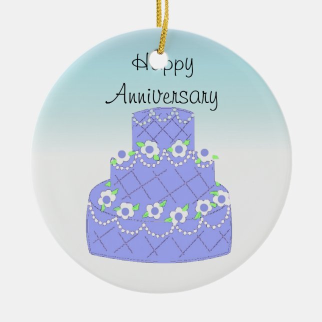 Elegant Blue Anniversary Cake Ceramic Ornament (Front)