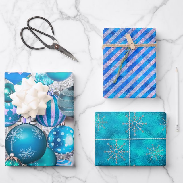 Elegant blue aqua Christmas ornaments holidays Wrapping Paper Sheets (Front)