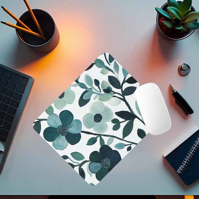 Elegant Blue Aqua Floral Botanical Mousepad (Creator Uploaded)