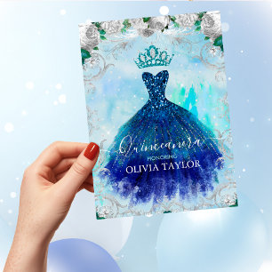 Elegant blue aqua floral glitter gown Quinceanera Invitation