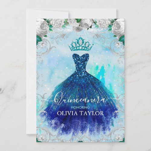 Elegant blue aqua floral glitter gown Quinceanera  Invitation