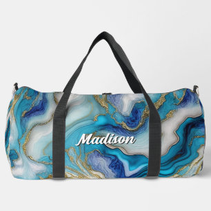 Elegant blue aqua marble art faux glitter duffle bag