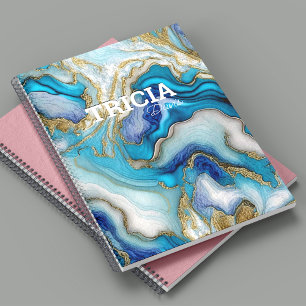 Elegant blue aqua marble art faux glitter monogram notebook