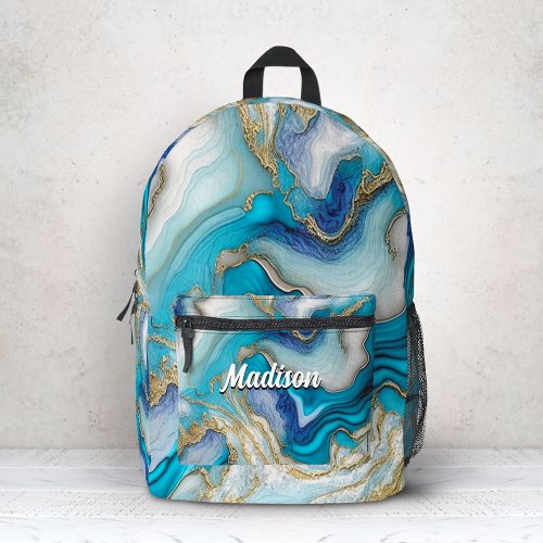 Elegant blue aqua marble art faux glitter  printed backpack