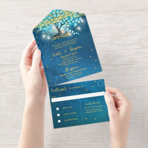 Elegant Blue Aqua Teal Heart Leaf Tree Wedding Al All In One Invitation