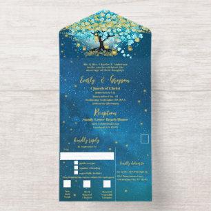 Elegant Blue Aqua Teal Heart Leaf Tree Wedding All In One Invitation
