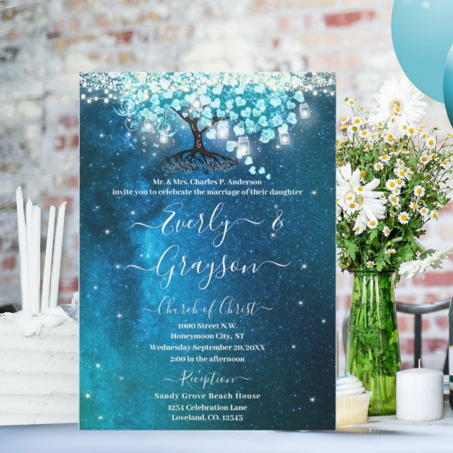 Elegant Blue Aqua Teal Heart Leaf Tree Wedding Invitation (Creator Uploaded)