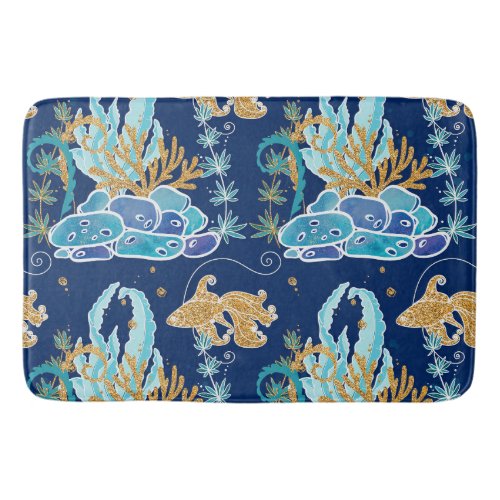 Elegant Blue Aqua Turquoise Gold Glitter Ocean Bath Mat