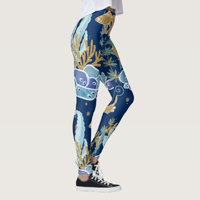 Elegant Blue Aqua Turquoise Gold Glitter Ocean Leggings (Right)