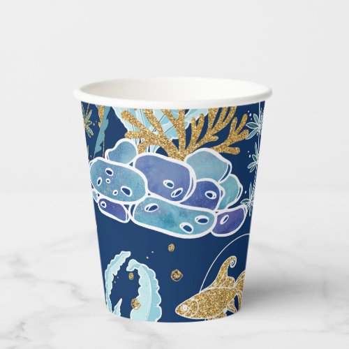 Elegant Blue Aqua Turquoise Gold Glitter Ocean Paper Cups