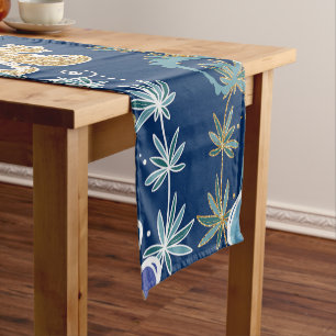 Elegant Blue Aqua Turquoise Gold Glitter Ocean Short Table Runner