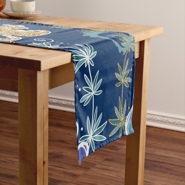 Elegant Blue Aqua Turquoise Gold Glitter Ocean Short Table Runner (In Situ)