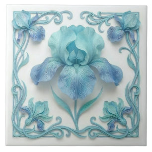 Elegant Blue Art Deco Stylized Lilies Ceramic Tile