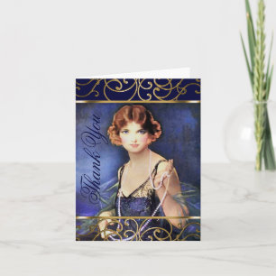 Elegant Blue Art Deco Woman Thank You Card