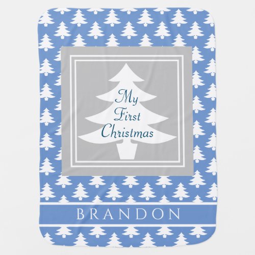 Elegant Blue Baby Boy First Christmas Personalized Baby Blanket