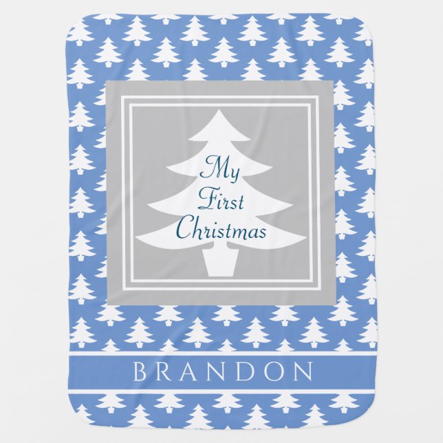 Elegant Blue Baby Boy First Christmas Personalized Baby Blanket (Front)