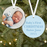 Elegant Blue Baby Boy First Christmas Photo Ornament<br><div class="desc">Baby's First Christmas holiday ornament design features a baby blue background with dusty blue "Baby's First Christmas" wording,  custom text that can be personalized with the baby boy's name and birth year. Include a favorite baby photo on the reverse side. Colors can be modified.</div>