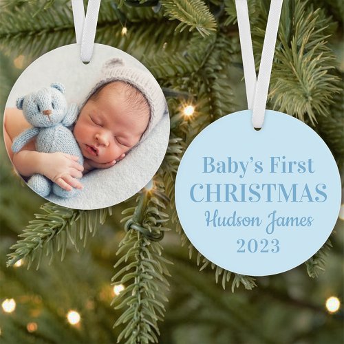 Elegant Blue Baby Boy First Christmas Photo Ornament