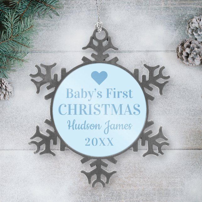 Elegant Blue Baby Boy First Christmas Snowflake Pewter Christmas Ornament (Creator Uploaded)