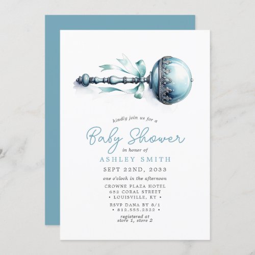 Elegant Blue Baby Rattle Boy Baby Shower Invitation