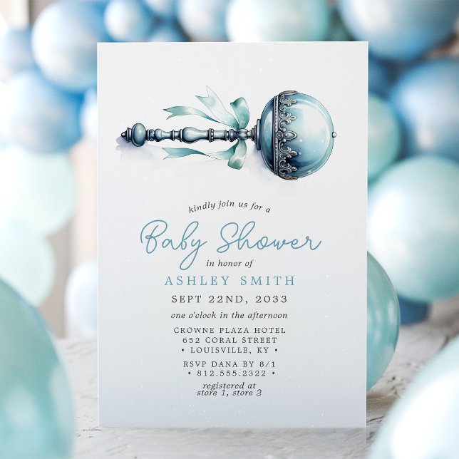 Elegant Blue Baby Rattle Boy Baby Shower Invitation (Creator Uploaded)