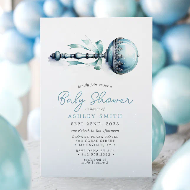Elegant Blue Baby Rattle Boy Baby Shower Invitation | Zazzle