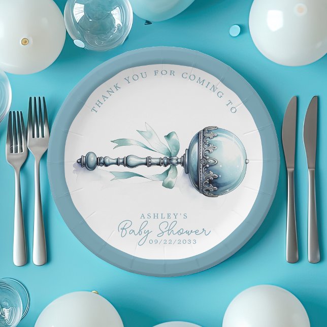 Elegant Blue Baby Rattle Boy Baby Shower Paper Plates (Creator Uploaded)