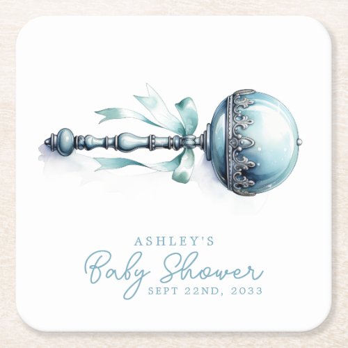 Elegant Blue Baby Rattle Boy Baby Shower Square Paper Coaster