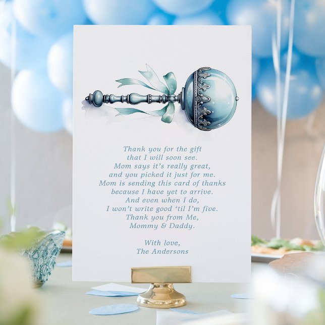 Elegant Blue Baby Rattle Boy Baby Shower Thank You Card (Creator Uploaded)
