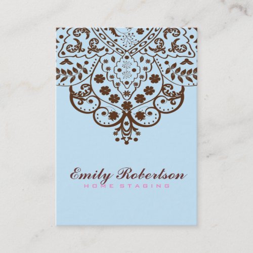 Elegant Blue Bacground  Brown Vintage Lace Business Card