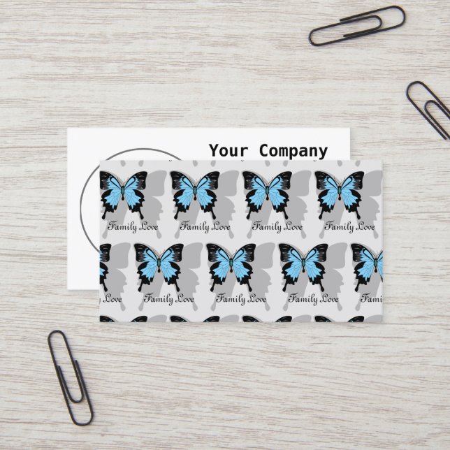 Elegant Blue Backed Butterfly Shadow Monogram Business Card (Front/Back In Situ)