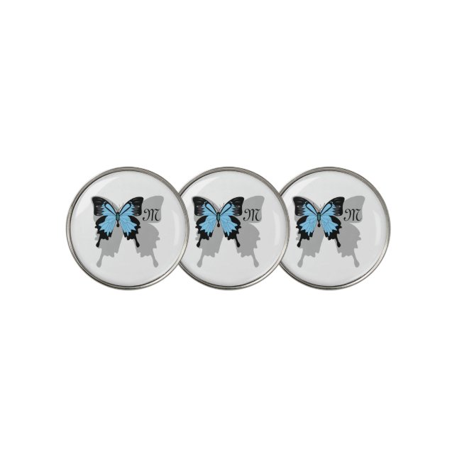 Elegant Blue Backed Butterfly Shadow Monogram Golf Ball Marker (3 Up)