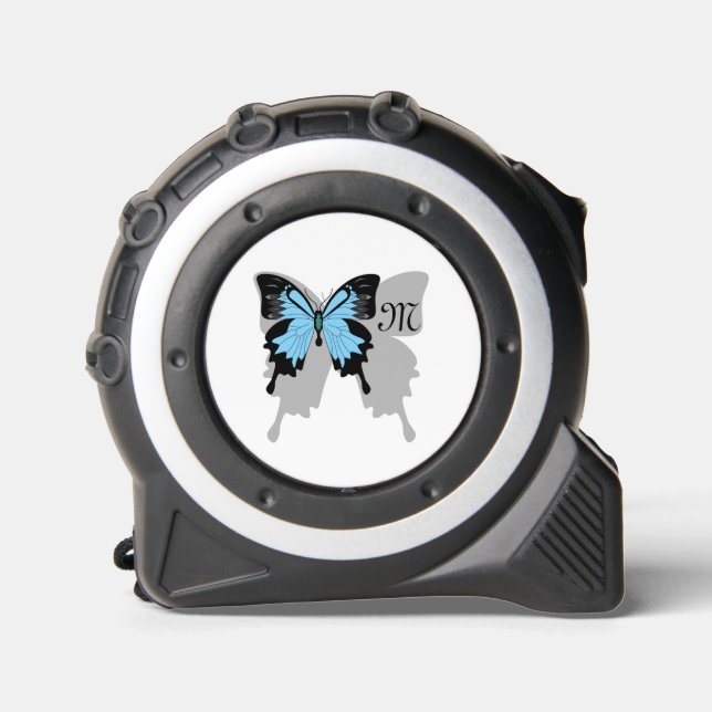Elegant Blue Backed Butterfly Shadow Monogram Tape Measure (Front)