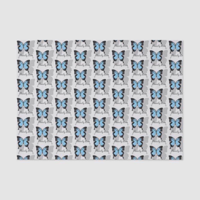 Elegant Blue Backed Butterfly Shadow Monogram Tissue Paper (Front)