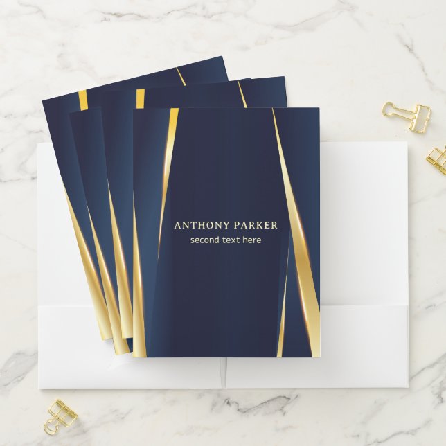 Elegant Blue Background Gold Stripes Pocket Folder (In Situ)