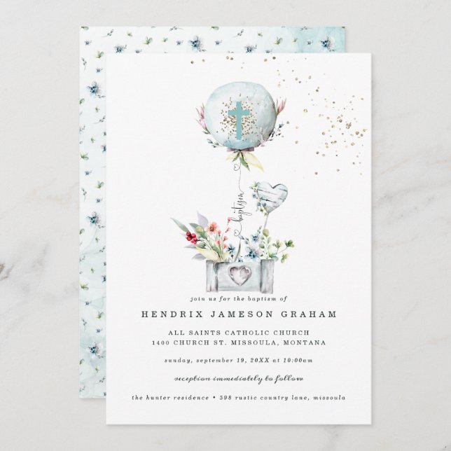 Elegant Blue Balloon Baptism Invitation (Front/Back)
