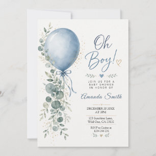 Elegant Blue Balloon   Eucalyptus Boy Baby Shower Invitation